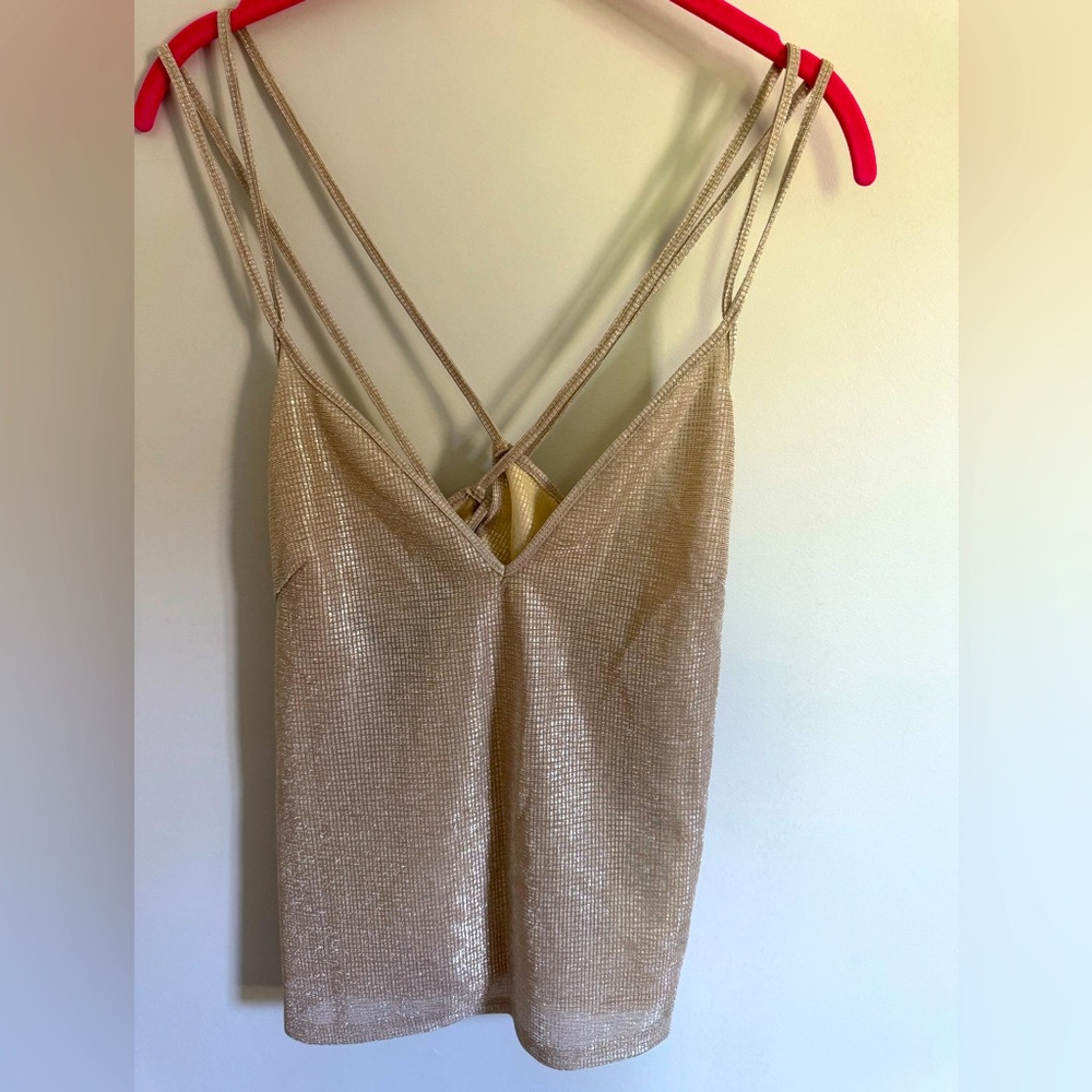 Bebe Metallic Gold Strappy Tank sexy top clubbing top
Size Medium camisole